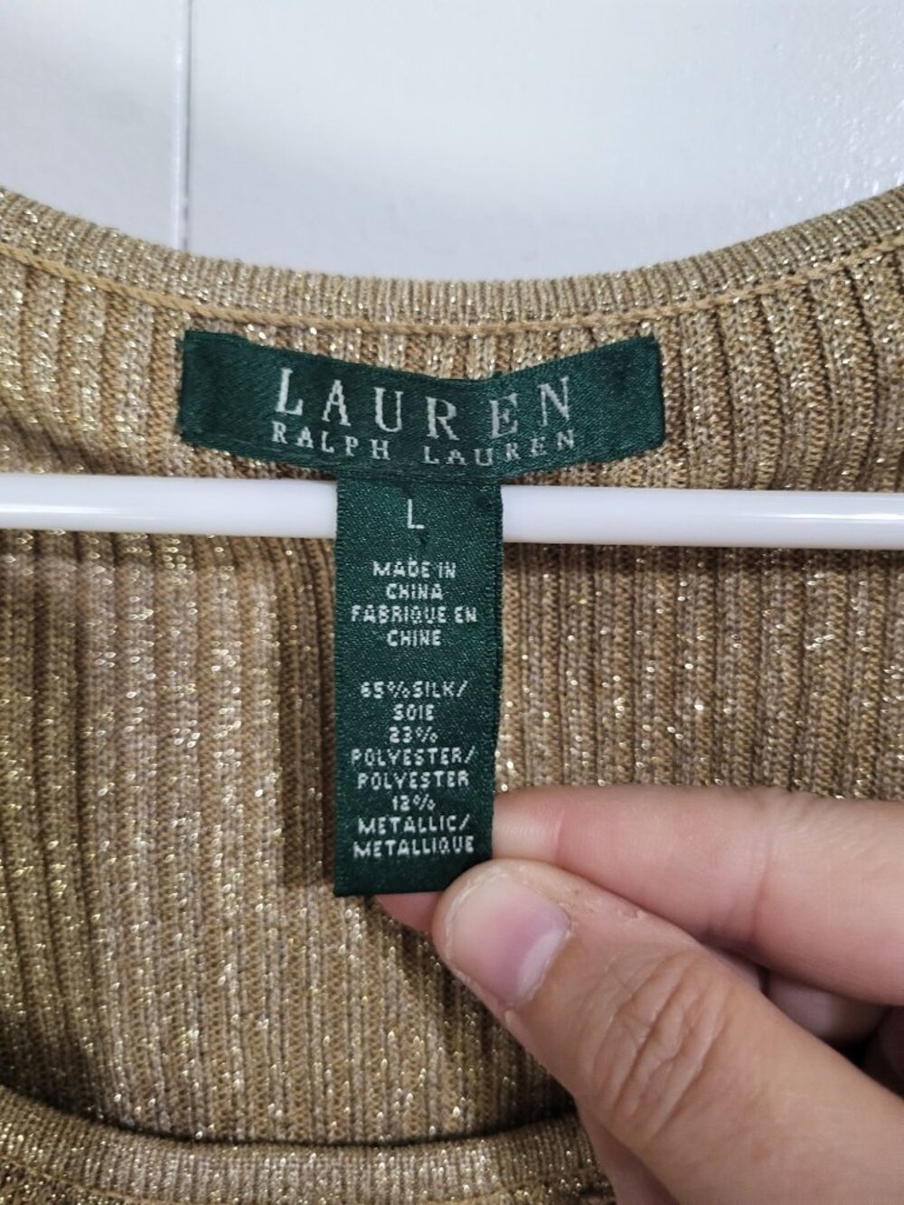 LAUREN RALPH LAUREN Womens L Gold Metallic Silk Polyester Ribbed Sweater Ruffle - Picture 5 of 7
